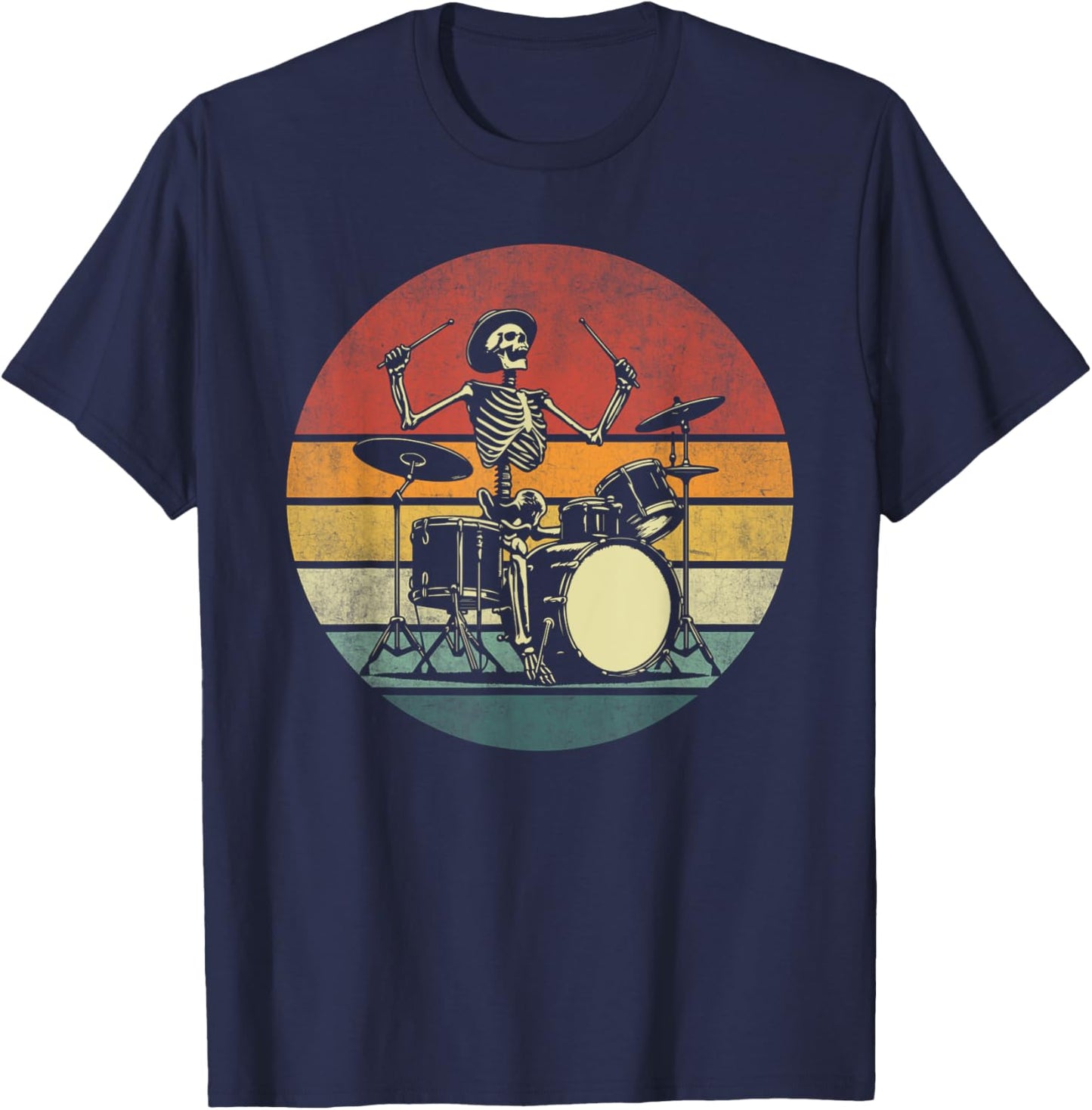 Retro Drummer Rock Skeleton Drummer Skeleton Playing Drum T-Shirt - T-Shirt | Navy