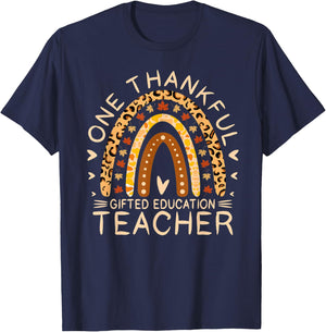 Rainbow One Thankful Gifted Education Teacher Thanksgiving T-Shirt - T-Shirt | Navy