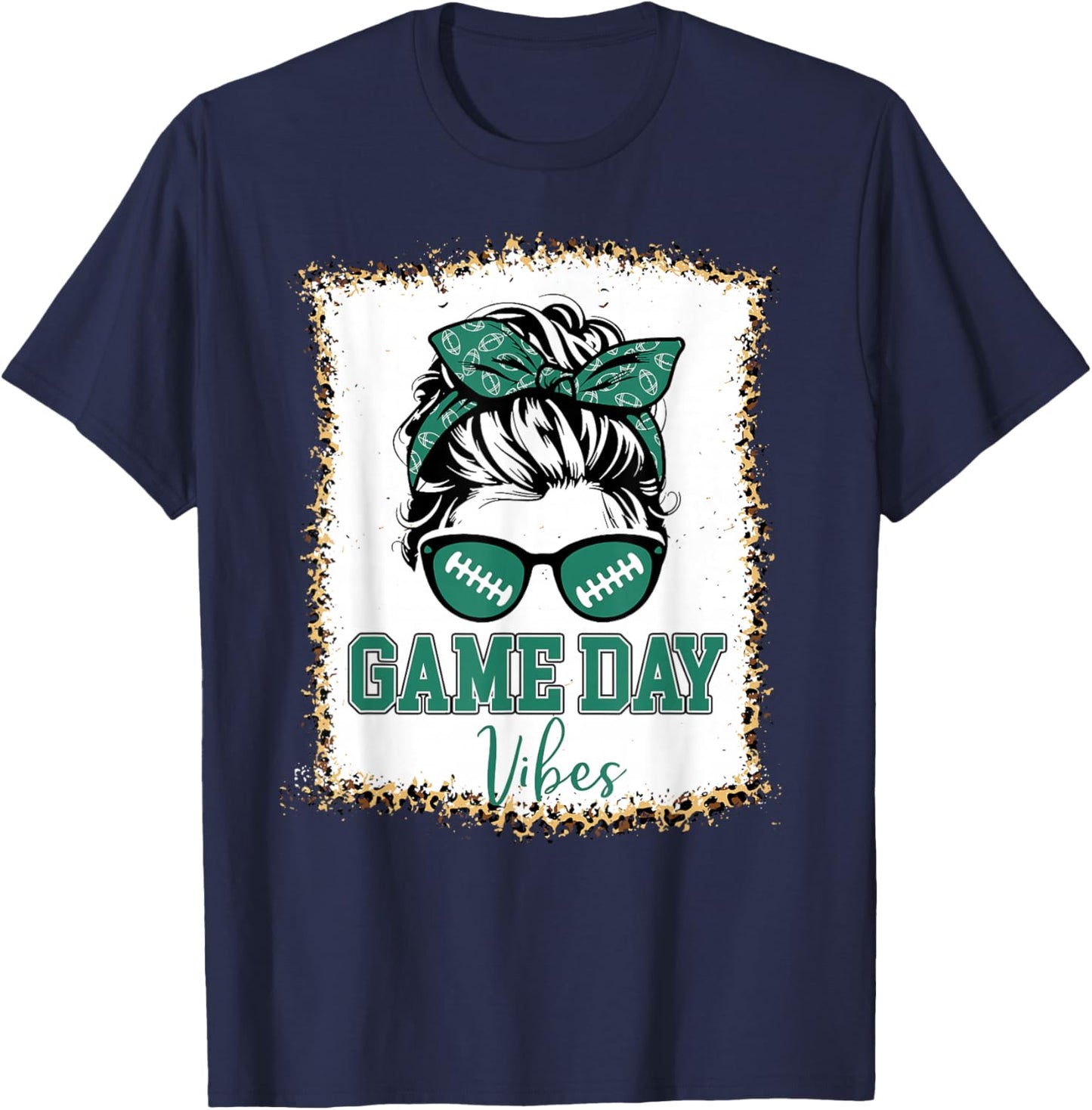 Green and White Game Day Vibes Football Women Leopard Print T-Shirt - T-Shirt | Navy