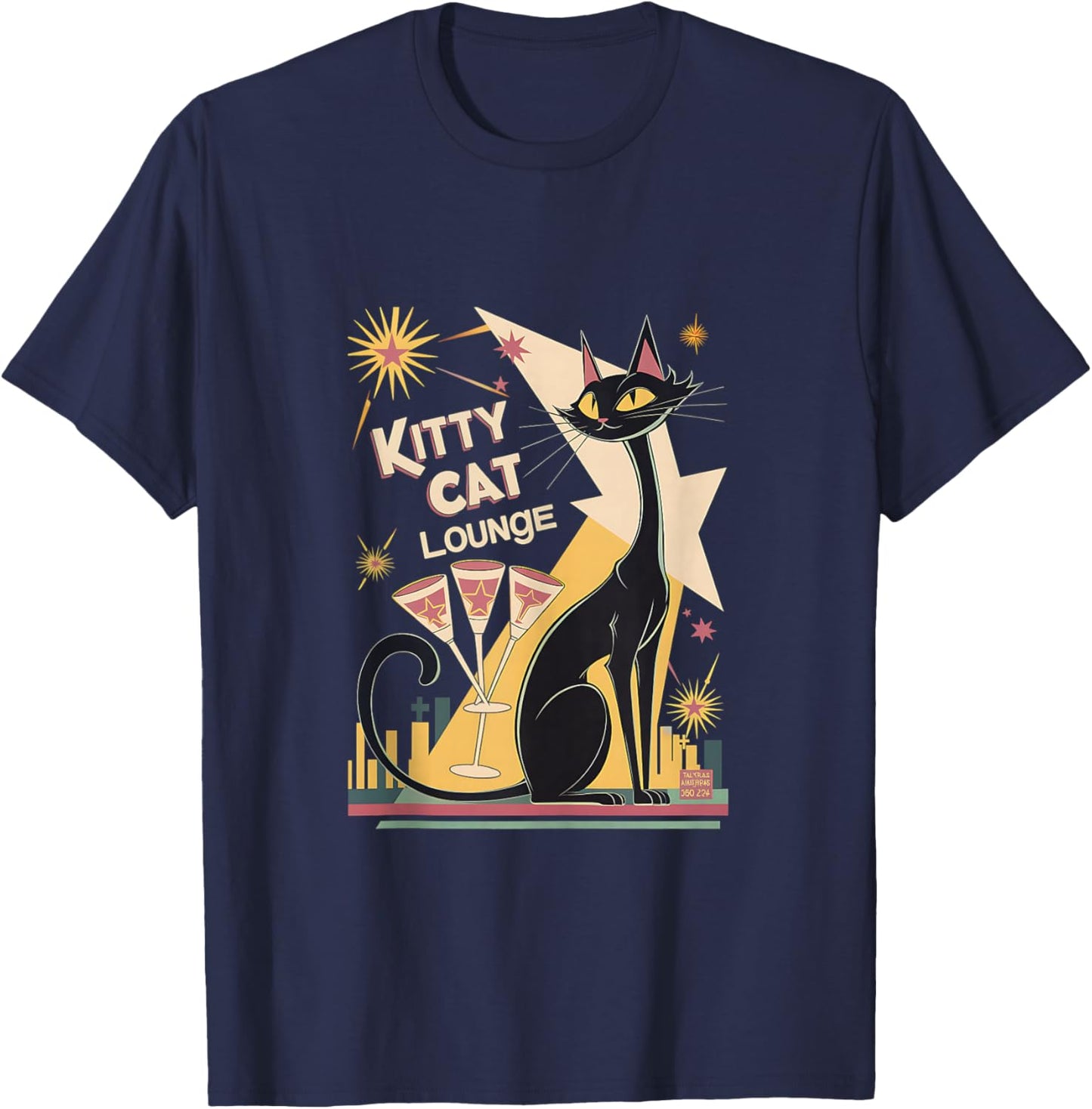 Retro Mid-Century Modern Cat and Cocktails Lounge Theme T-Shirt - T-Shirt | Navy