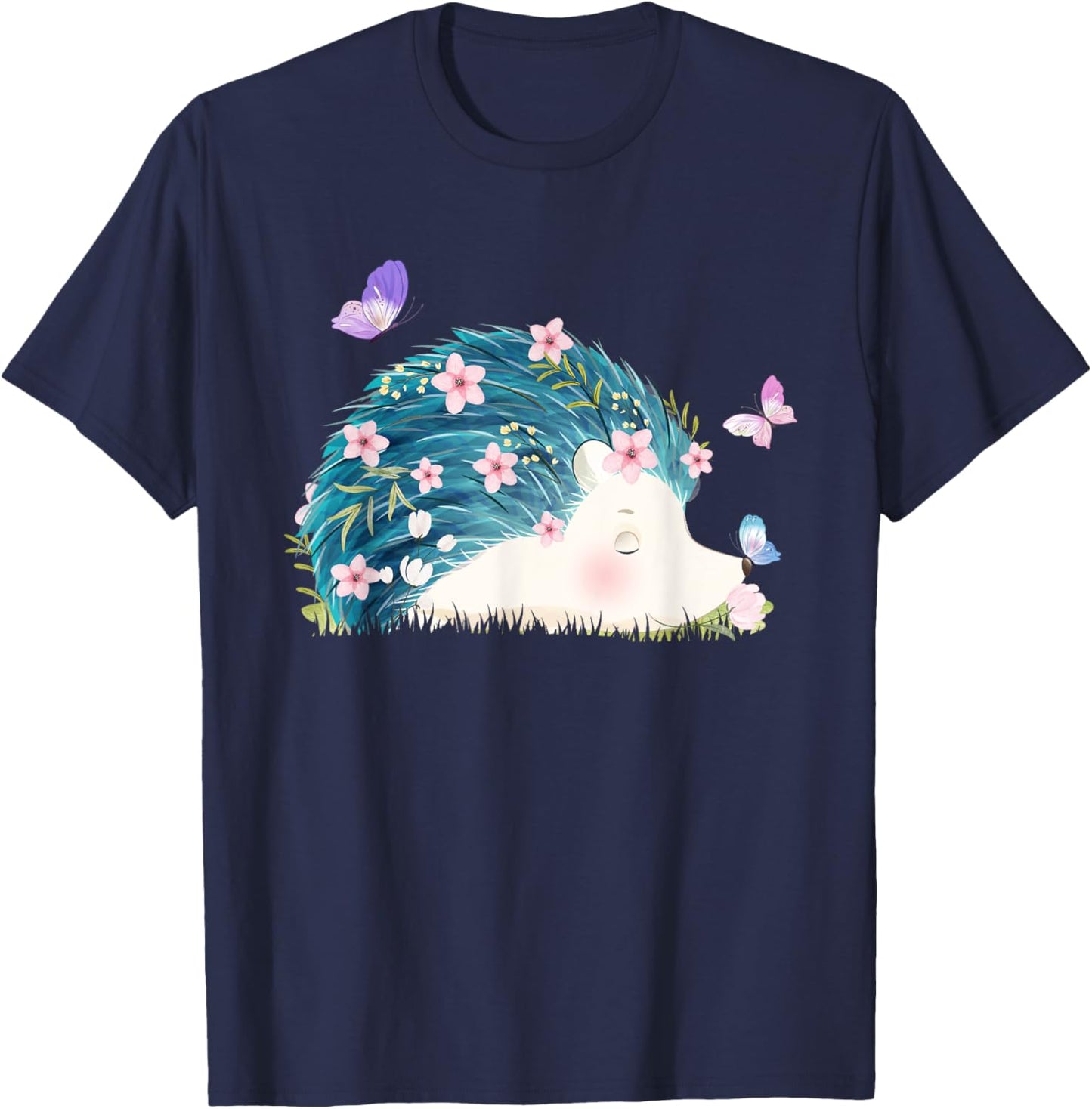 Hedgehog - Flowers Butterflies Nature Porcupine Lover T-Shirt - T-Shirt | Navy