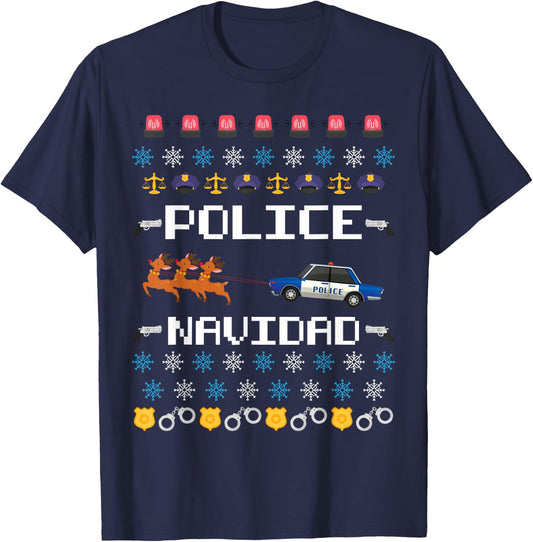 Police Navidad Ugly Christmas Sweater Policeman Officer T-Shirt - T-Shirt | Navy