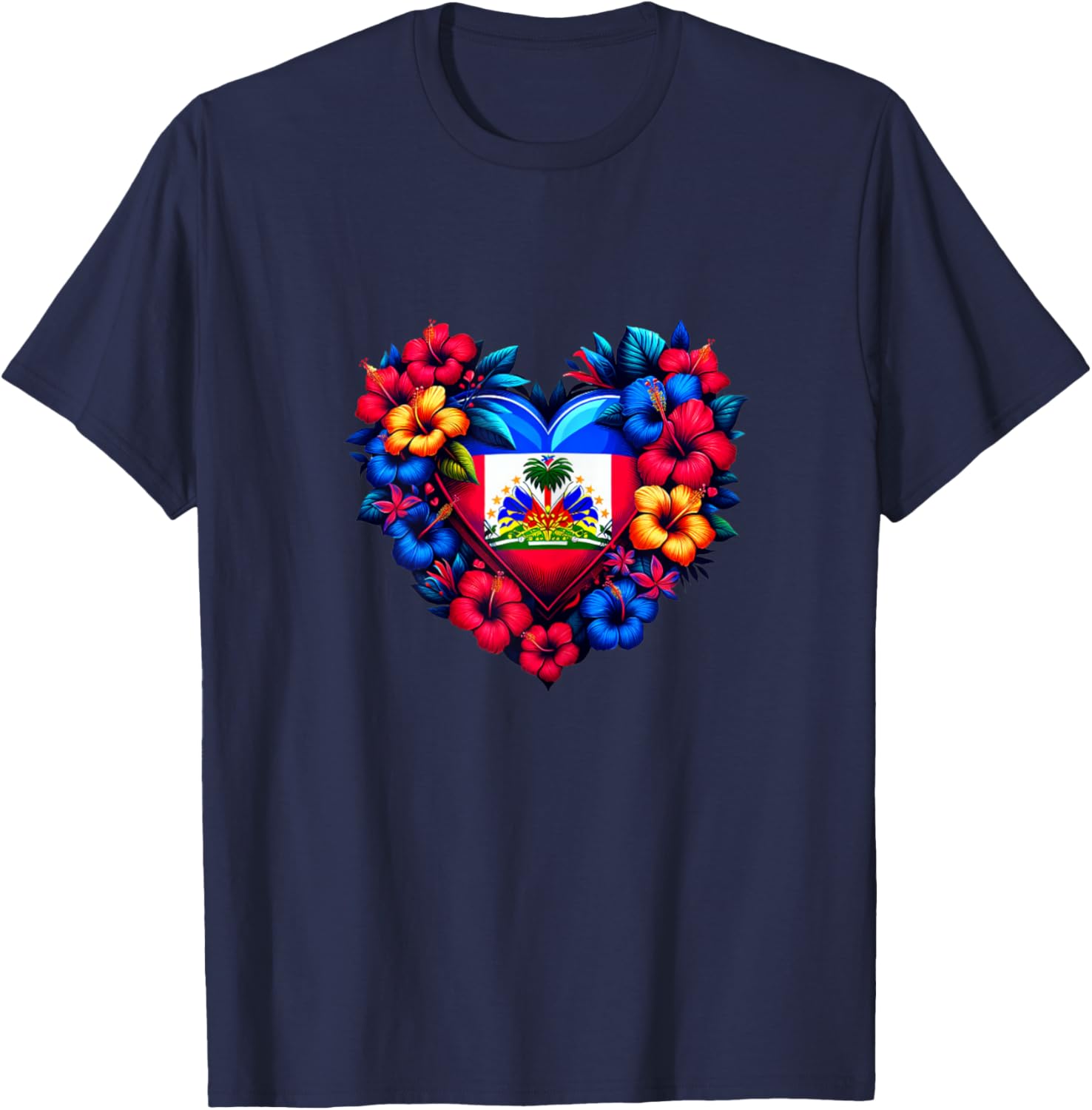 Haiti Haitian Heritage Month Flag Flower Heart T-Shirt - T-Shirt | Navy
