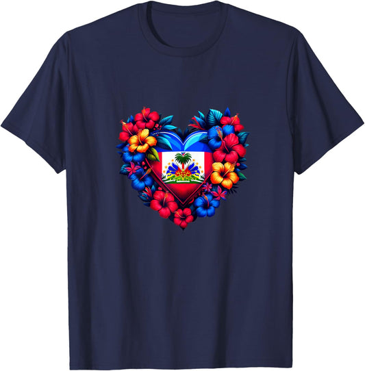 Haiti Haitian Heritage Month Flag Flower Heart T-Shirt - T-Shirt | Navy