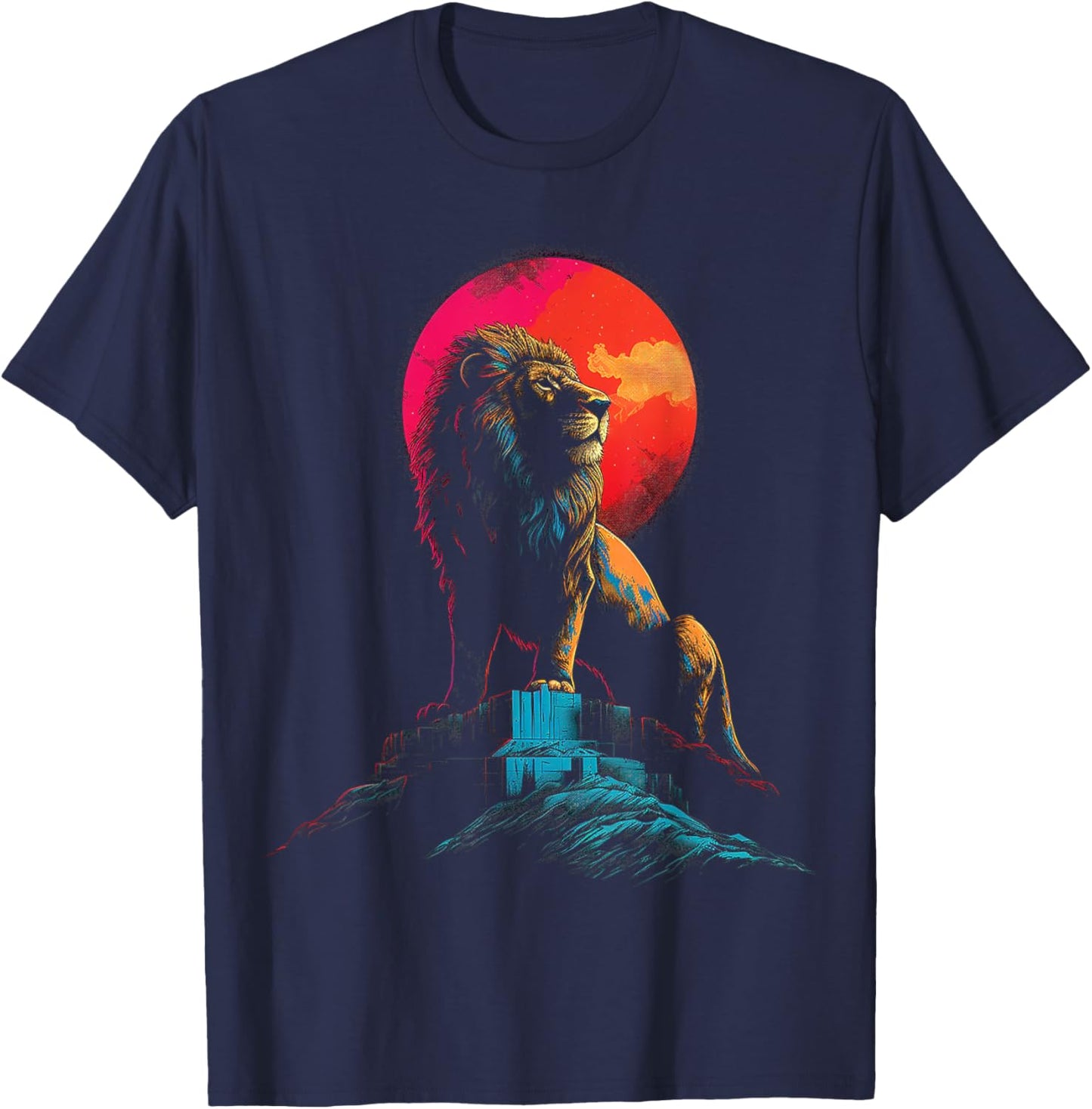 Lion Moon Colorful Animal Nature Illustration Art Lion T-Shirt - T-Shirt | Navy