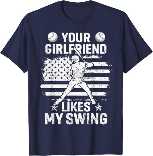 Funny Baseball Quote Your Girlfriend Likes My Swing Youth T-Shirt - T-Shirt | Navy