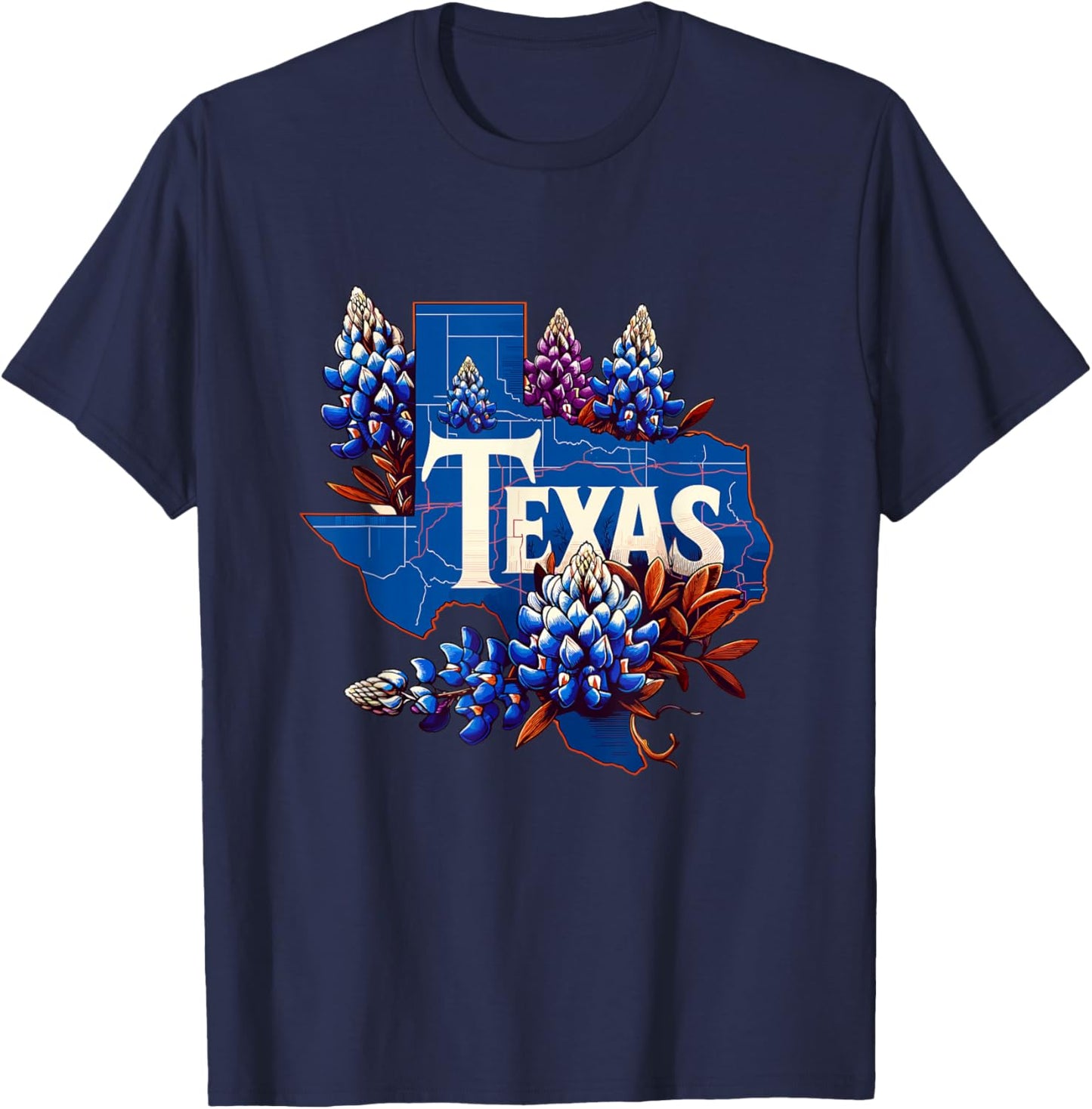 Texas State Outline Bluebonnet State Texas Flower T-Shirt - T-Shirt | Navy