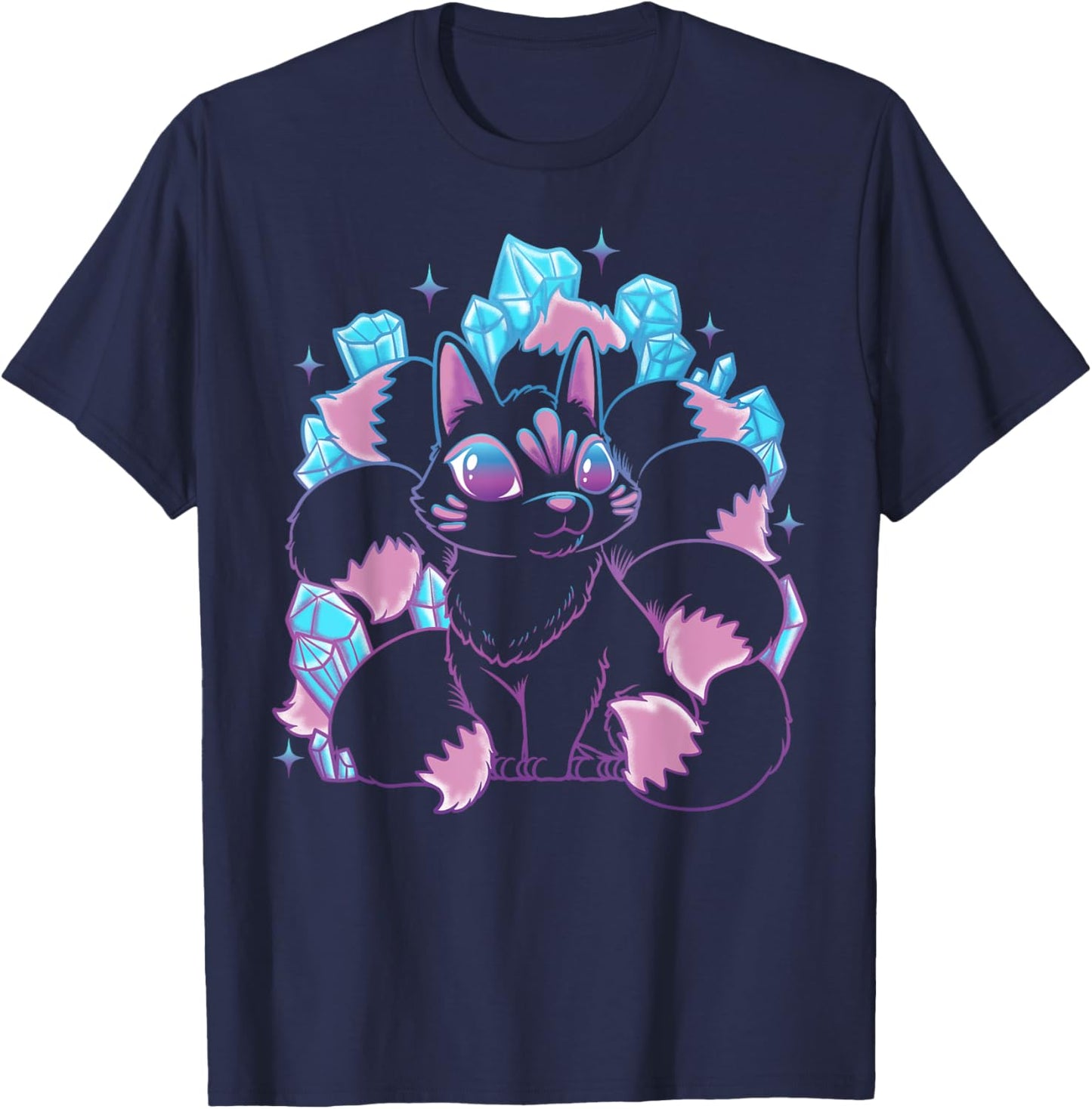 Kawaii Kitsune Nine Tailed Fox Japanese Mythical Creature T-Shirt - T-Shirt | Navy
