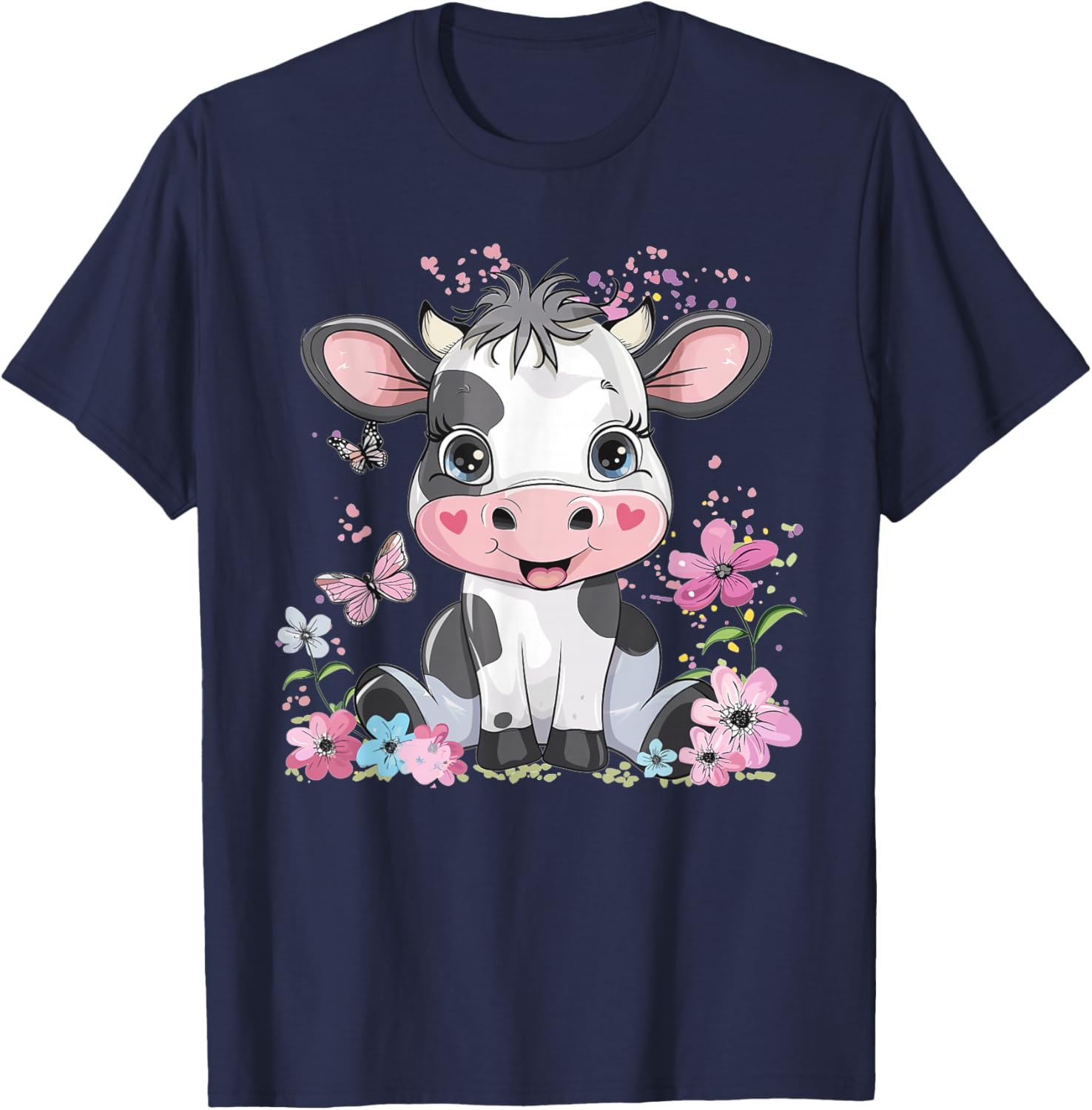 Cute Cow with Flowers I Kids Cow T-Shirt - T-Shirt | Navy