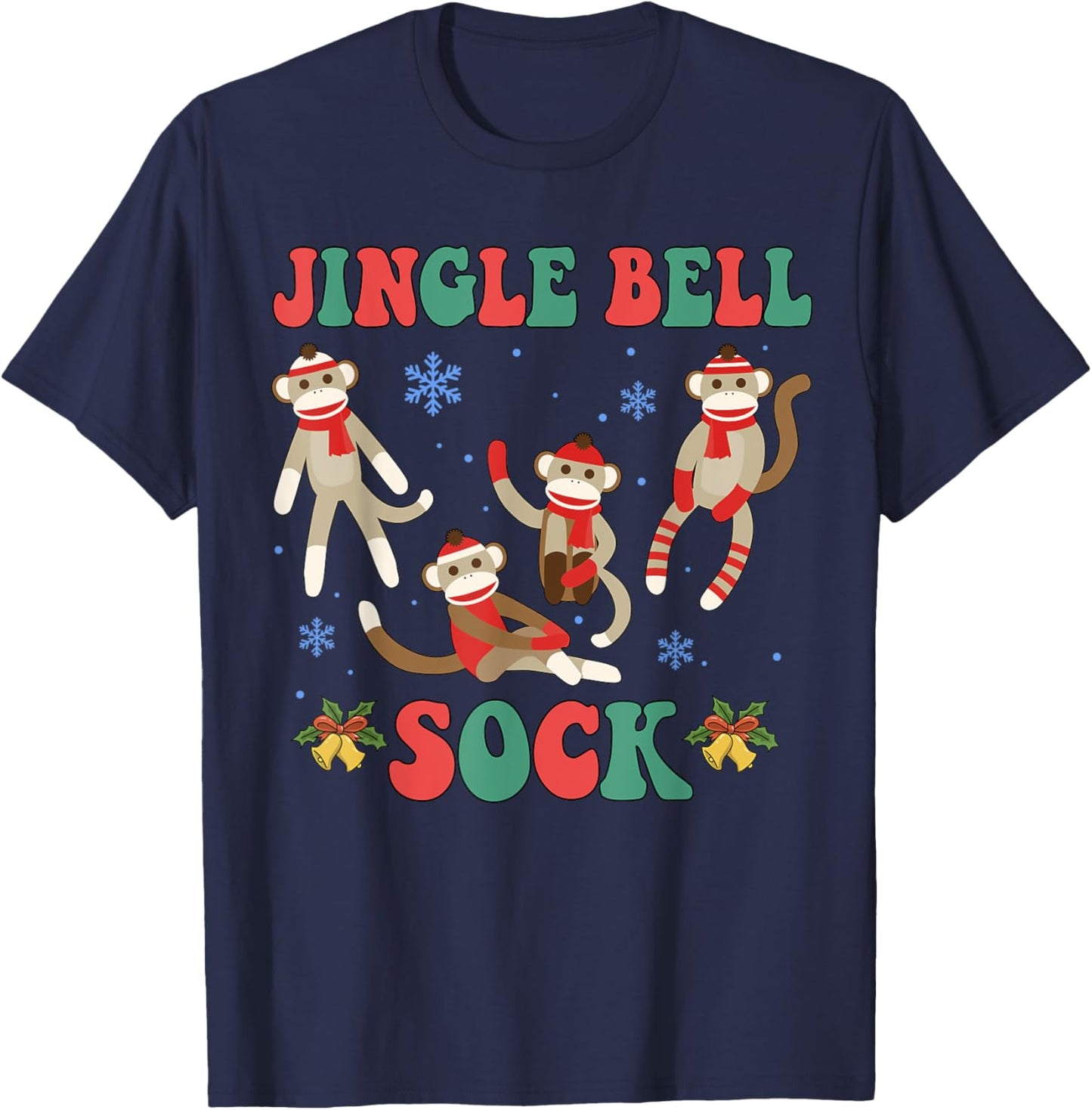 Jingle Bell Sock Funny Sock Monkey Christmas Monkey Lovers T-Shirt - T-Shirt | Navy