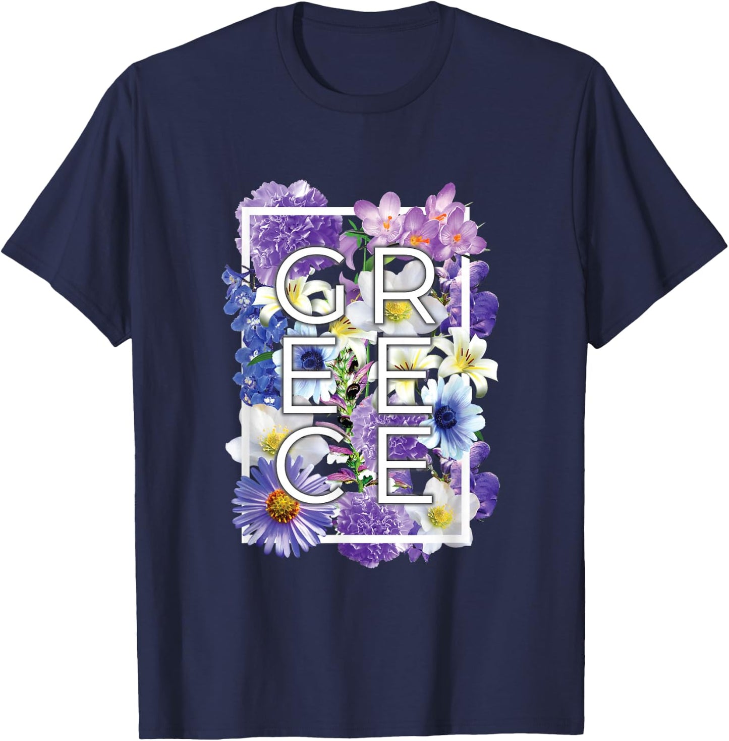 Flowers of Greece Word Art - Greek Pride T-Shirt - T-Shirt | Navy