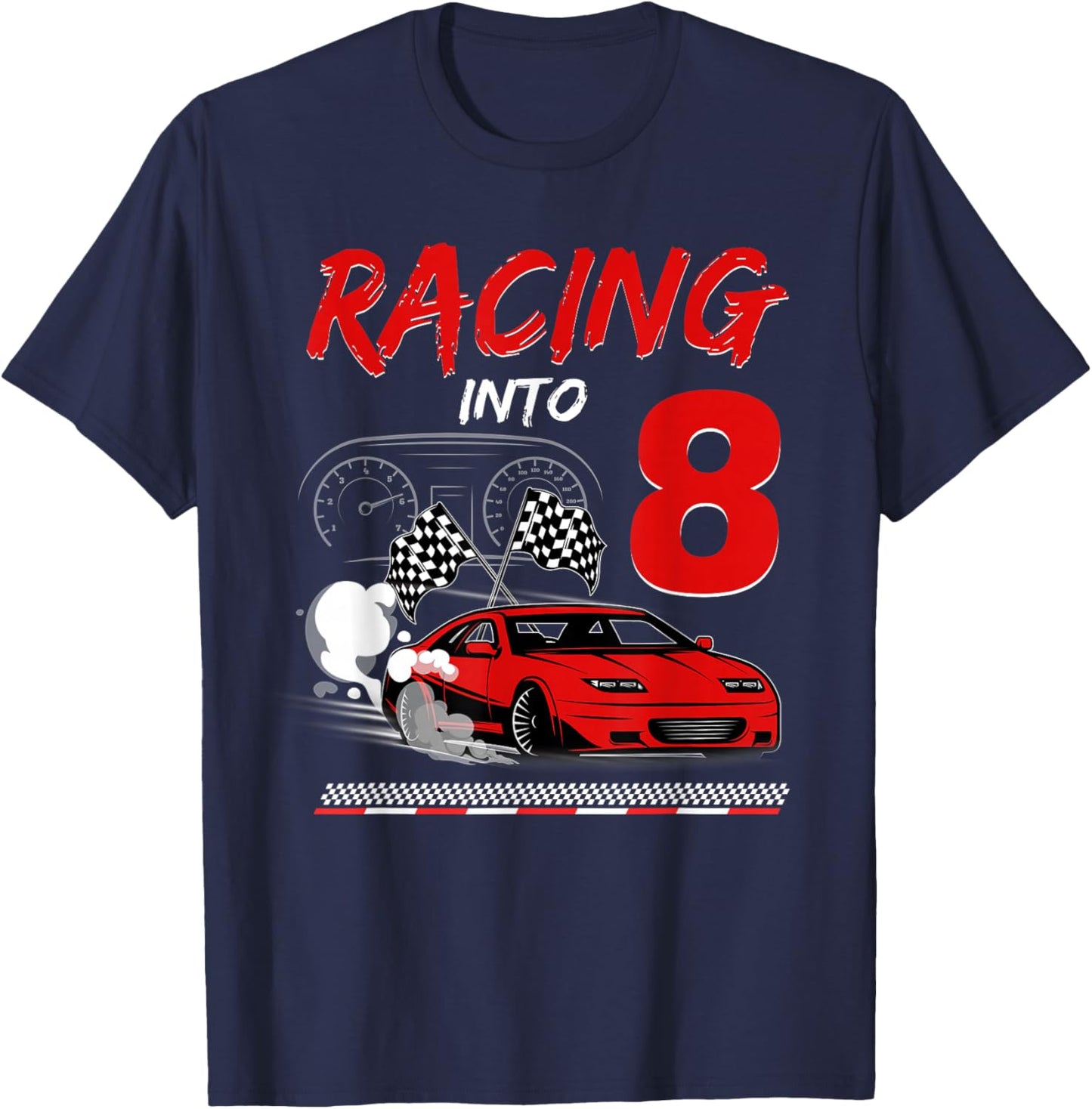 Racing into 8 Year Old Birthday Race Car 8th Boy Party T-Shirt - T-Shirt | Navy