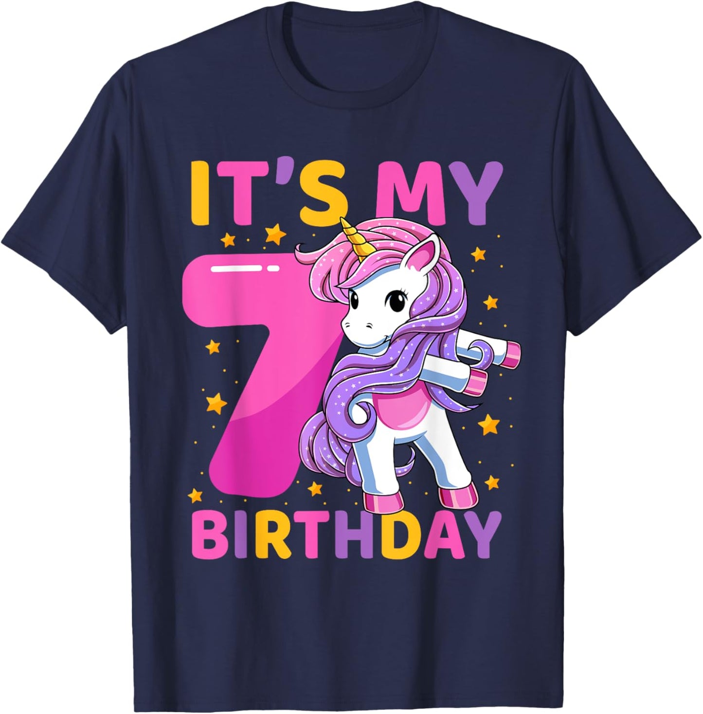 7 Years Old Unicorn Flossing 7th Birthday Party Girls Kids T-Shirt - T-Shirt | Navy