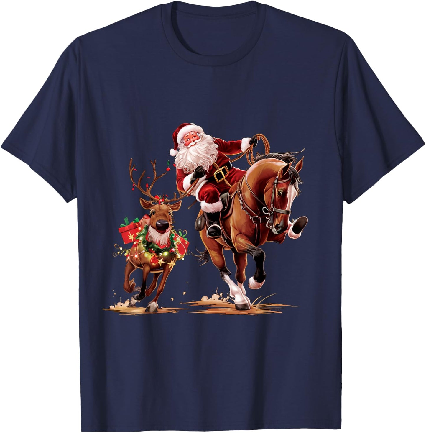 Funny Cowboy Santa Bulldogging Christmas Cowboy Western Xmas T-Shirt - T-Shirt | Navy