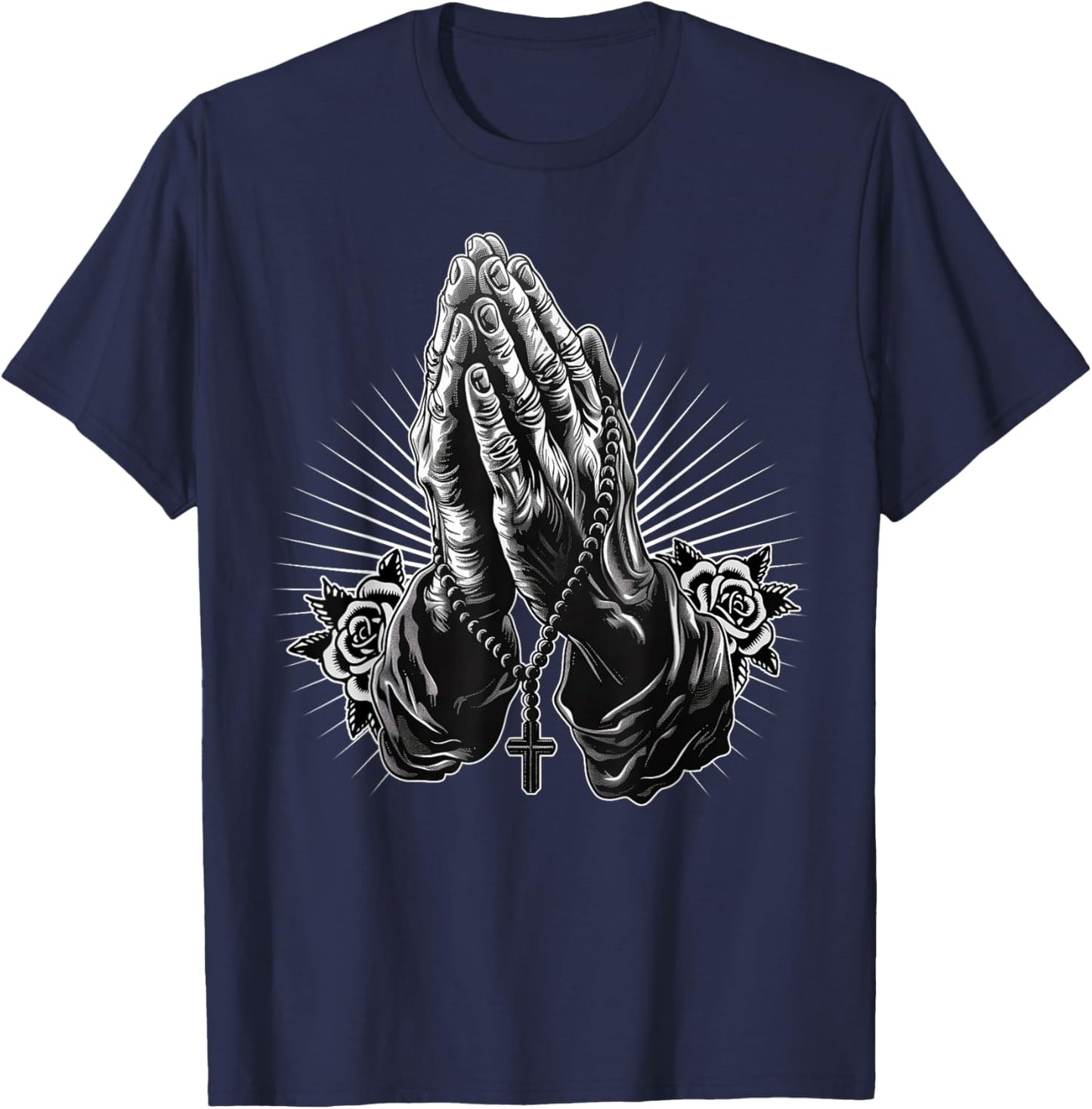 Prayer Hands Catholic Christian Chicano Tattoo Rosary T-Shirt - T-Shirt | Navy