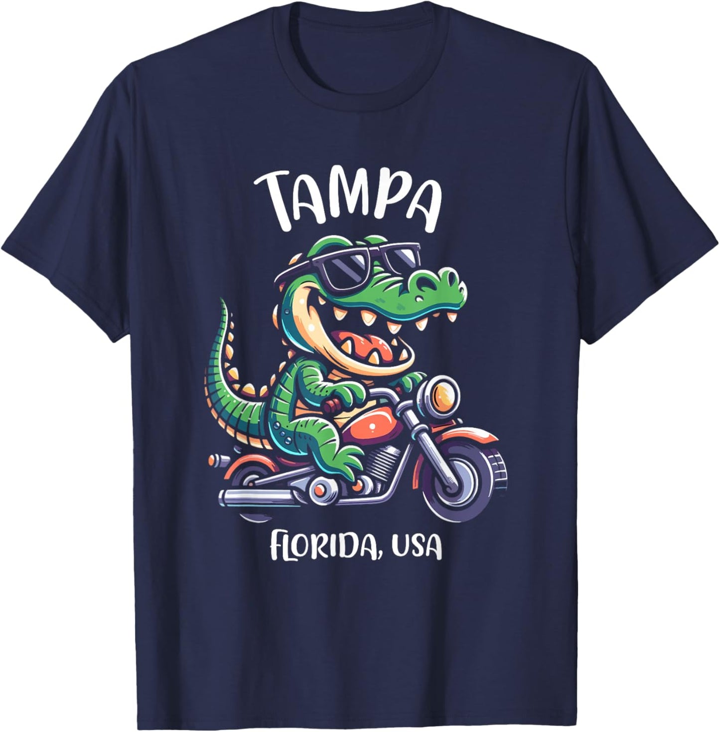 Tampa Florida USA Alligator Motorcycle Cartoon Design T-Shirt - T-Shirt | Navy