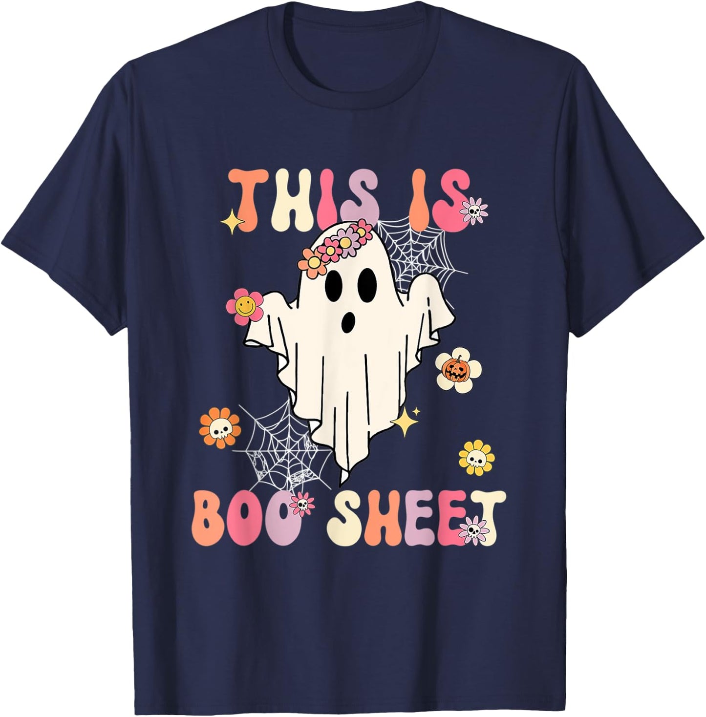 Cute Halloween Retro Groovy Spooky This Is Boo Sheet Present T-Shirt - T-Shirt | Navy