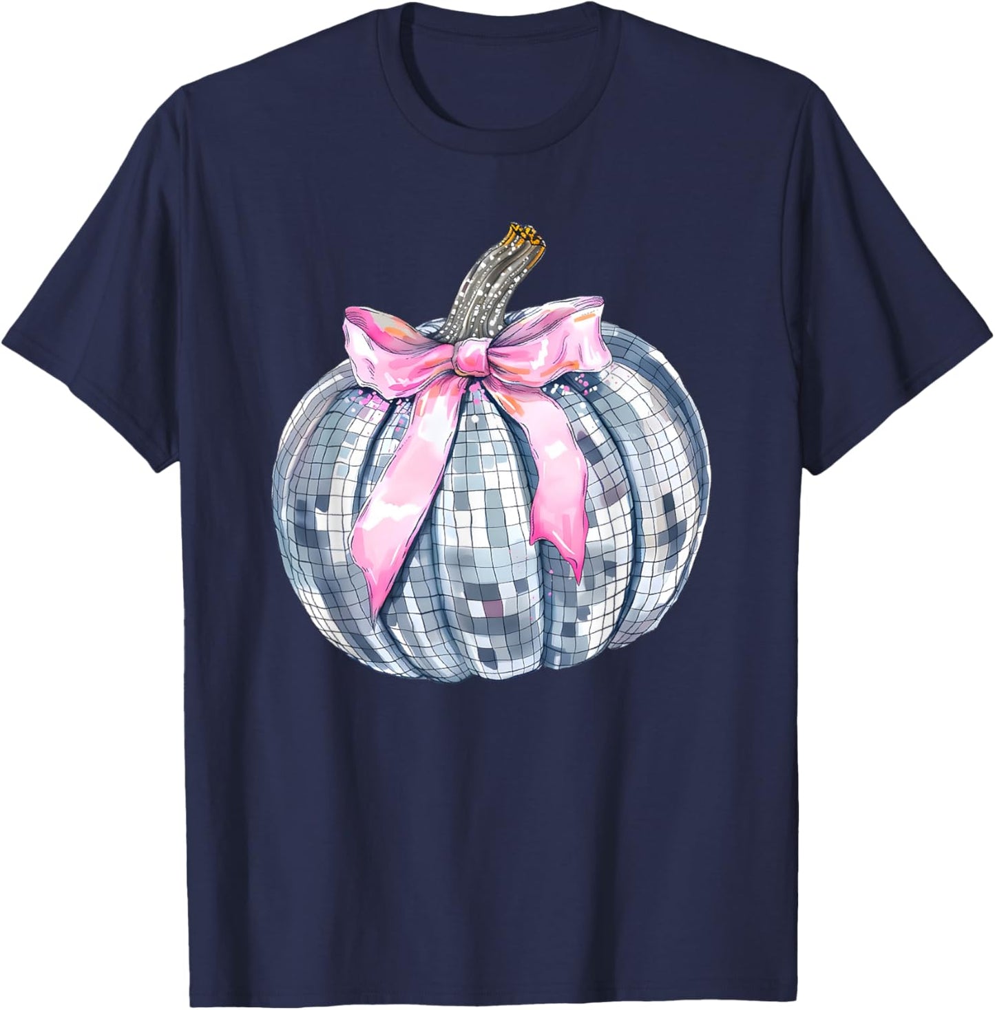 Retro Disco Ball Coquette Pumpkin Halloween Thanksgiving T-Shirt - T-Shirt | Navy