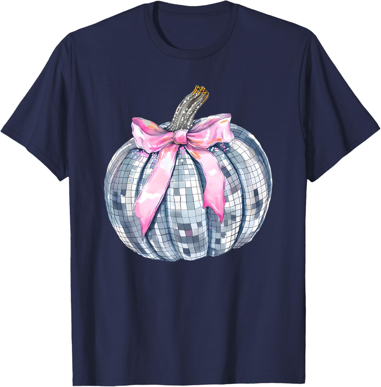 Retro Disco Ball Coquette Pumpkin Halloween Thanksgiving T-Shirt - T-Shirt | Navy