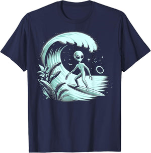 Alien Surfing Wave at Tropical Ocean Vintage Surf T-Shirt - T-Shirt | Navy