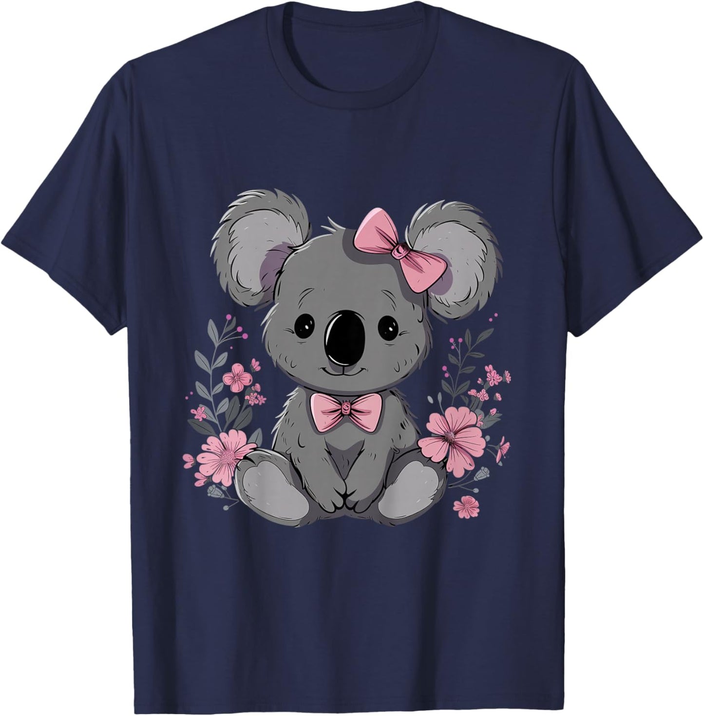 Koala Cute Kawaii Koala Bear Pink Bow Flowers Girls Kids T-Shirt - T-Shirt | Navy