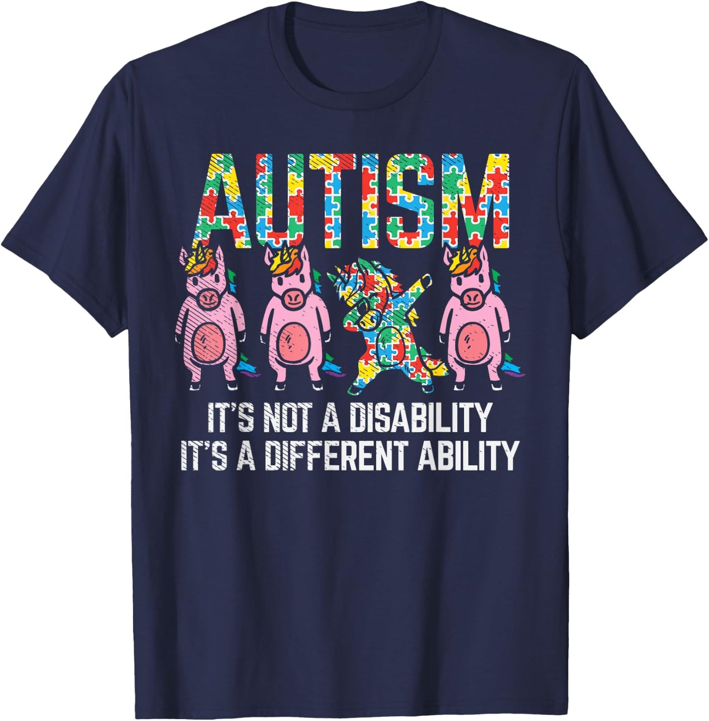 BoredKoalas Autism Awareness Unicorn Dab - -Adults, Black, Short Sleeve, Classic Fit, Cotton Blend, Small T-Shirt - T-Shirt | Navy