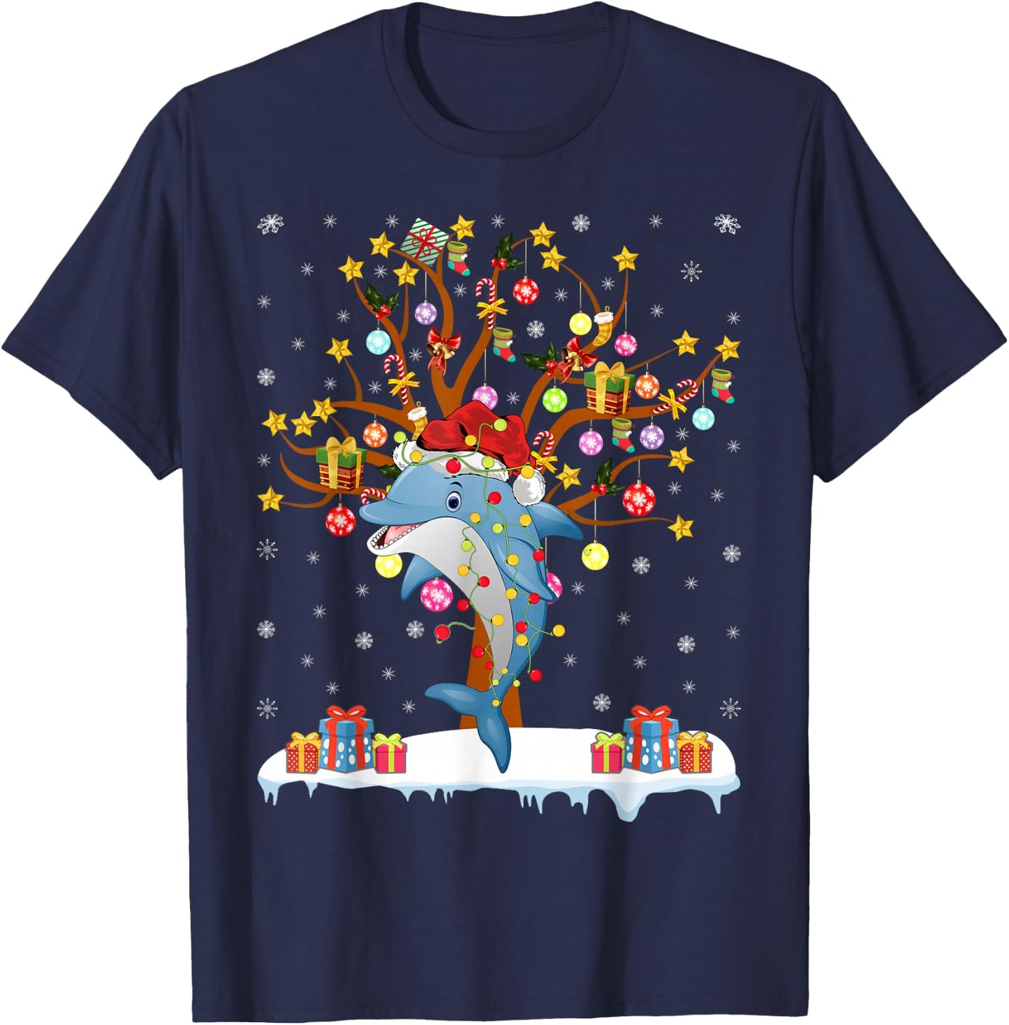 Dolphin Lighting Xmas Tree Gift Dolphin Christmas Tree T-Shirt - T-Shirt | Navy