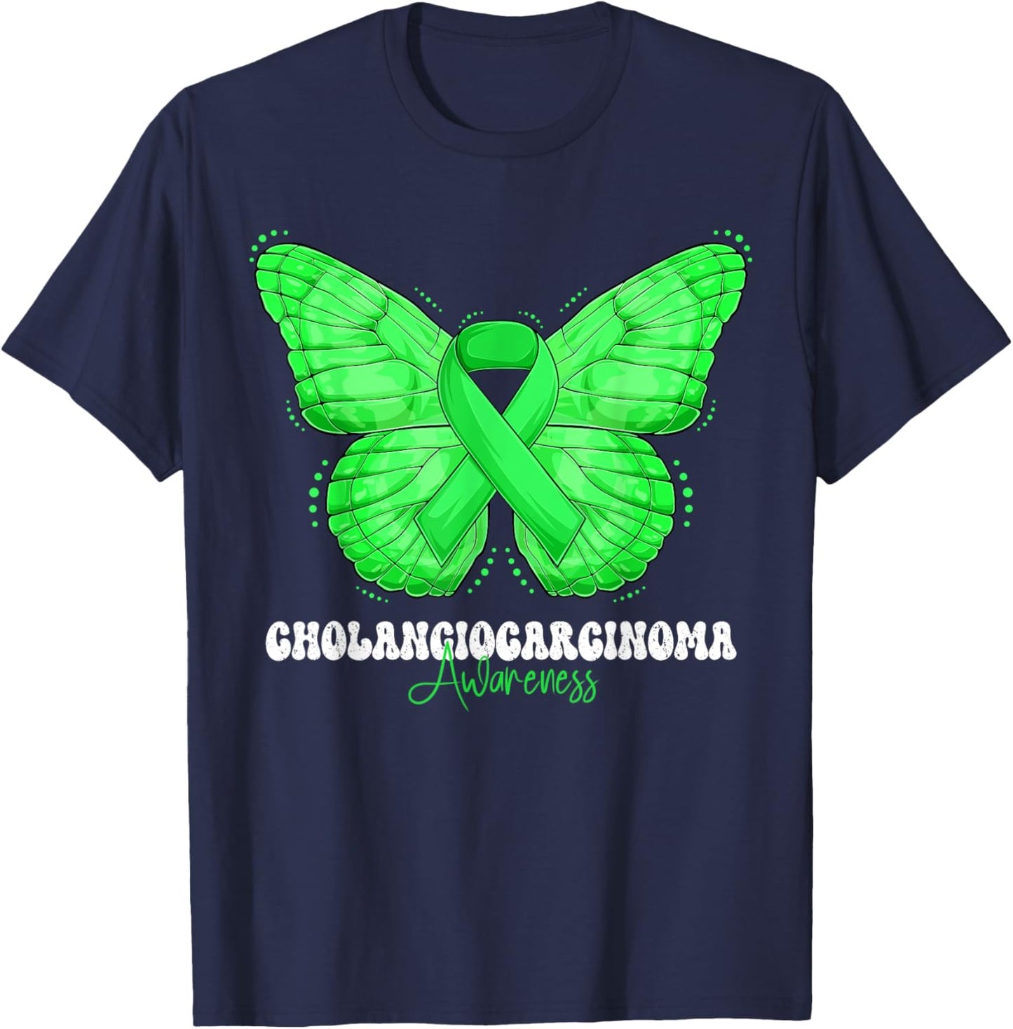 Cholangiocarcinoma Awareness Month Green Ribbon Butterfly T-Shirt - T-Shirt | Navy
