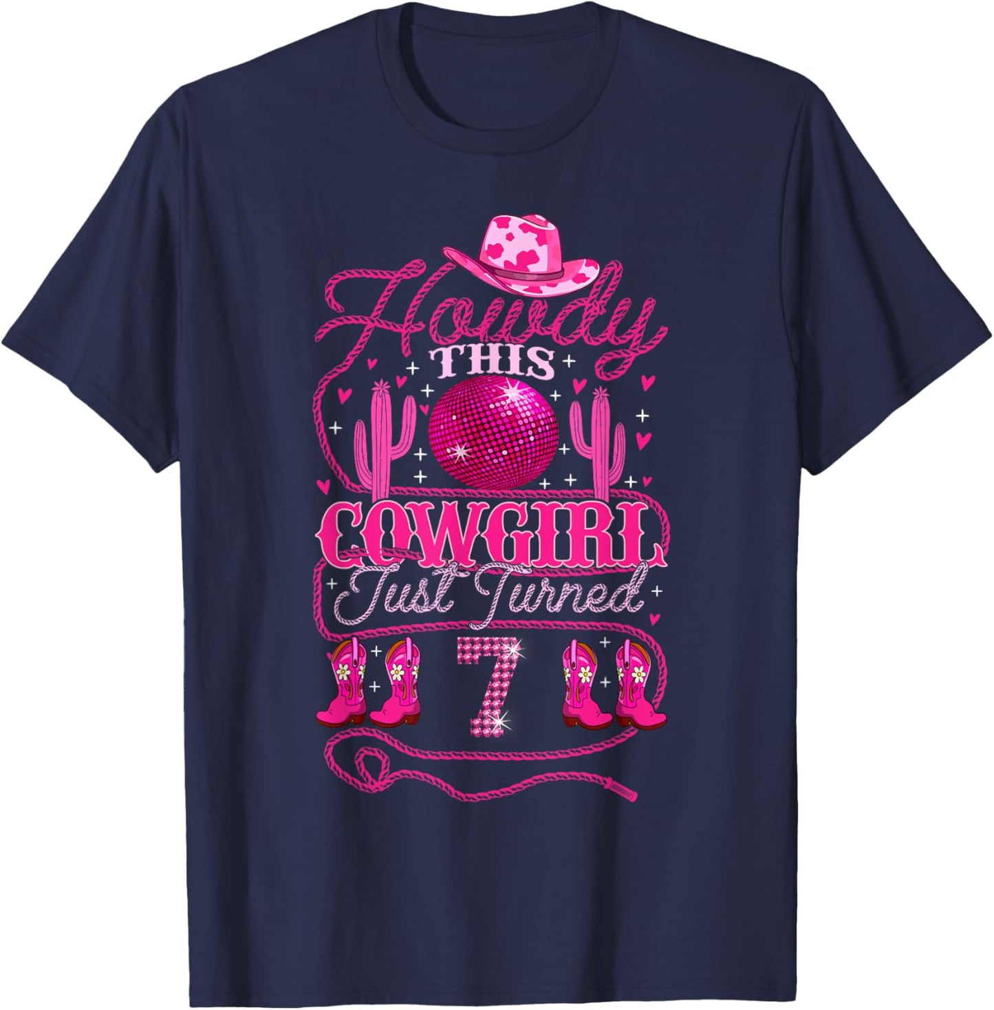 7yrs Birthday Cowgirl Western 7 Years Old Girl 7th Birthday T-Shirt - T-Shirt | Navy