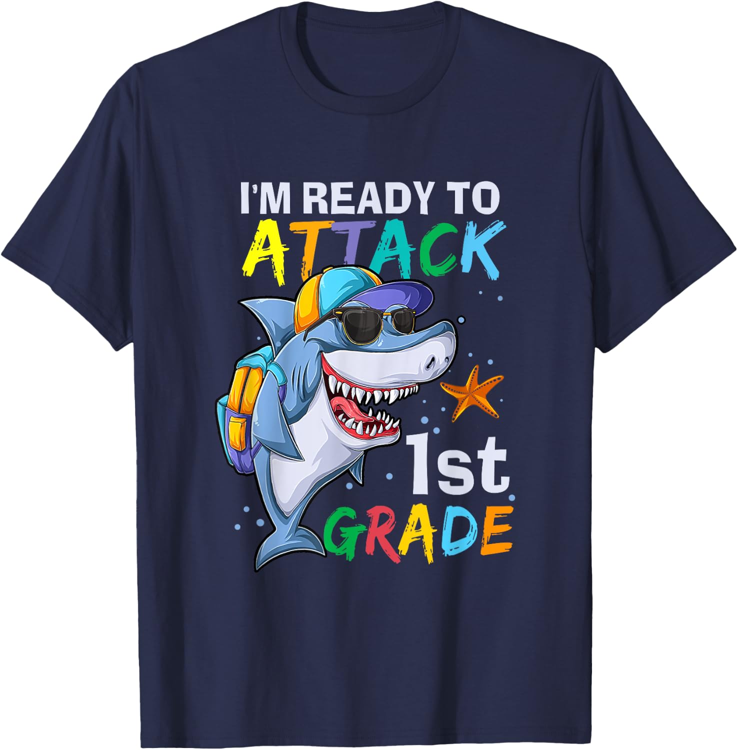 Ready To Attack 1st Grade Shark Back To School Sea Animal T-Shirt - T-Shirt | Navy