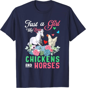 Just A Girl Who Loves Chickens And Horses Floral Farmer T-Shirt - T-Shirt | Navy