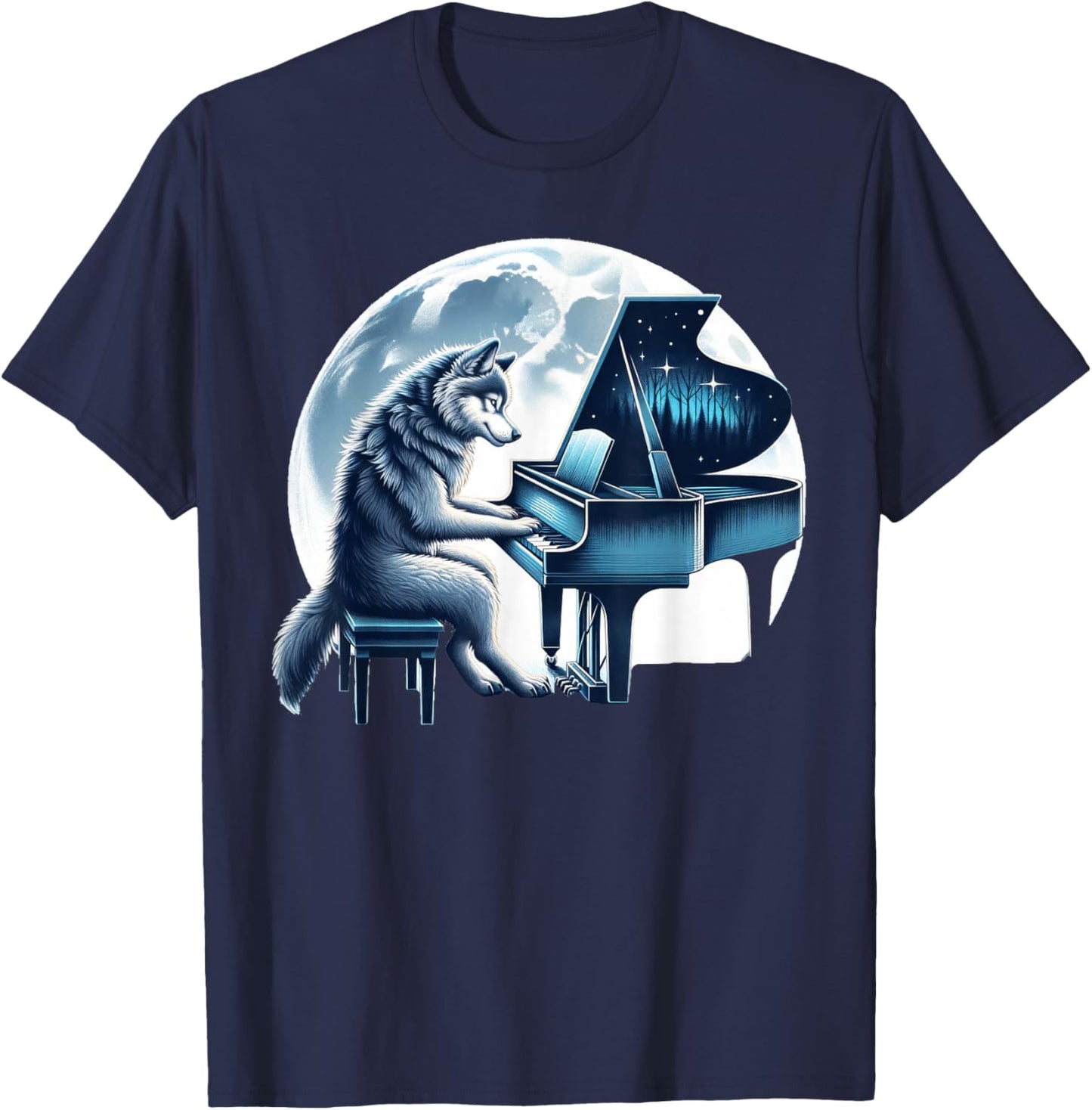 Cute Wolf Playing Piano Wolves Musician Music T-Shirt - T-Shirt | Navy