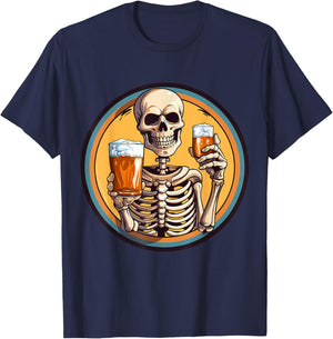 Halloween Skeleton Drinking Beer T-Shirt - T-Shirt | Navy