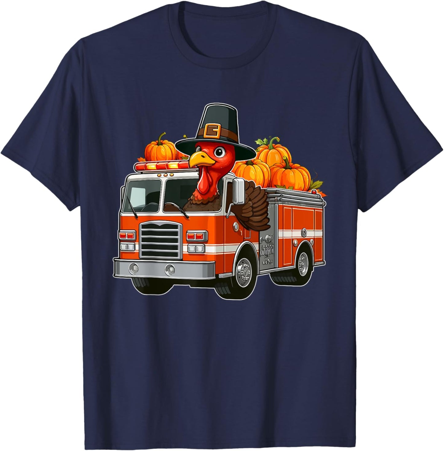Turkey Driving Fire Truck Thanksgiving Driver Fall Pumpkins T-Shirt - T-Shirt | Navy
