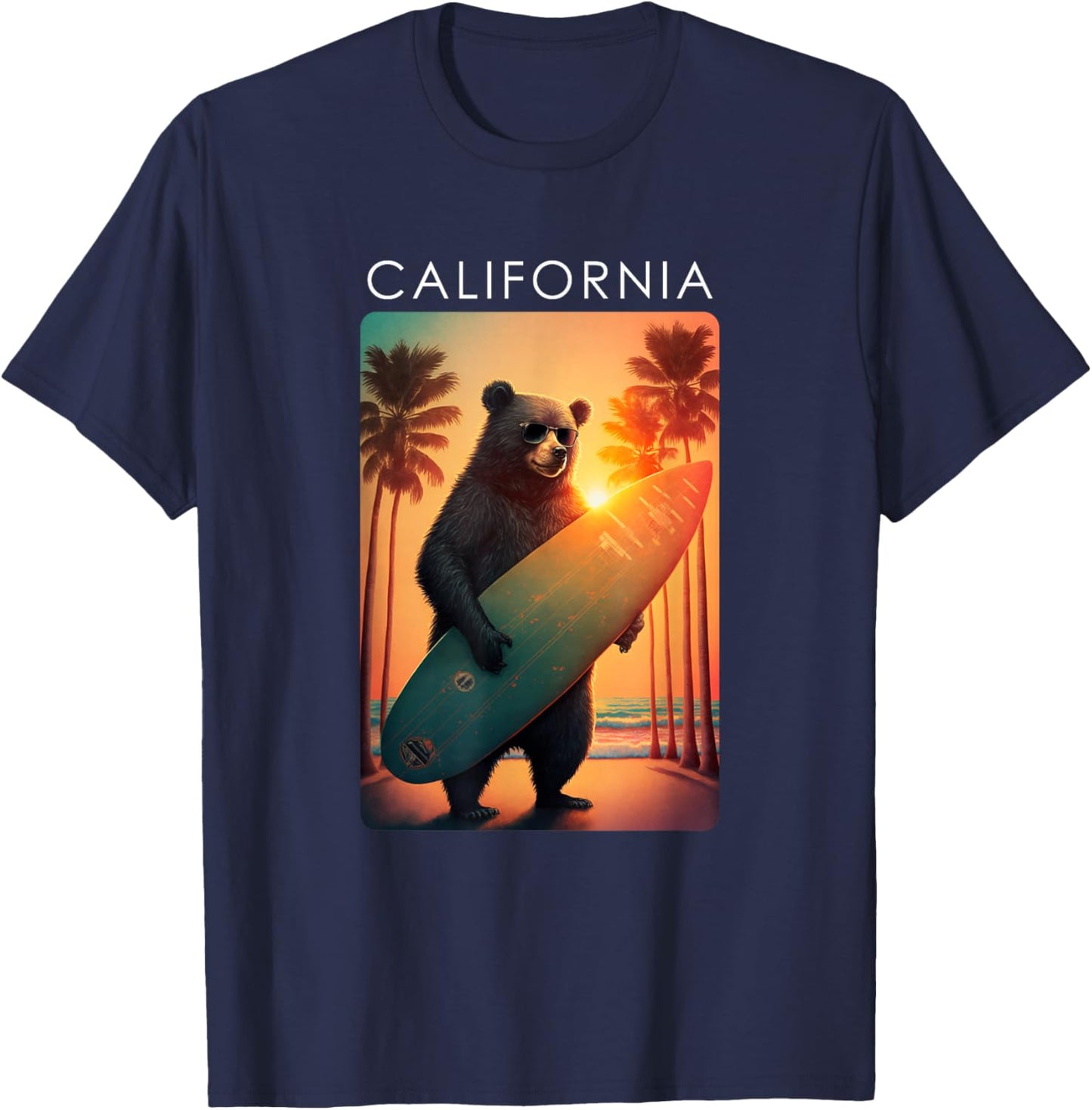California Shirt Cool Republic Bear Surfing Beach California T-Shirt - T-Shirt | Navy