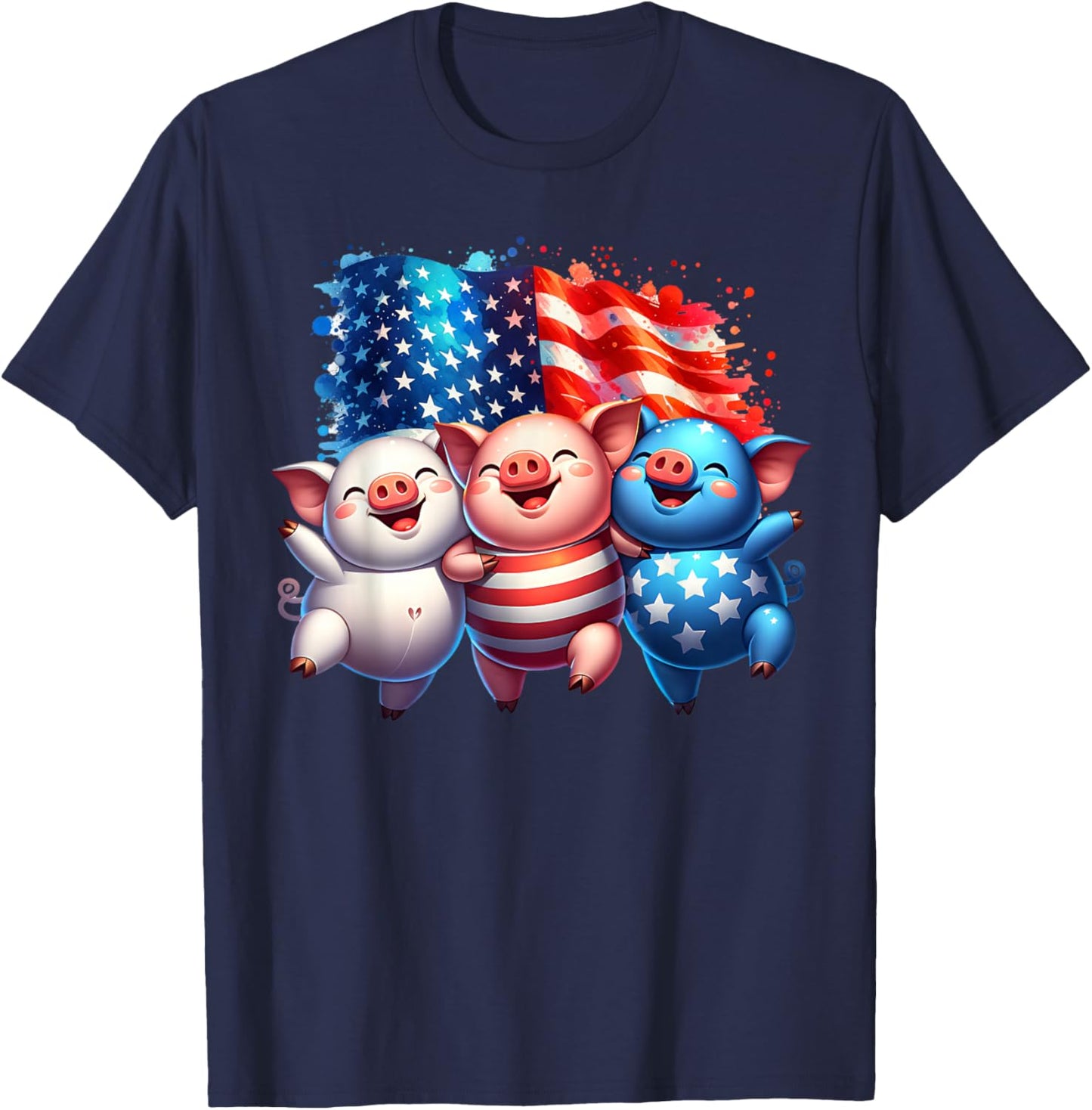 4th of July Funny Patriotic Pigs USA Flag Red White Blue T-Shirt - T-Shirt | Navy
