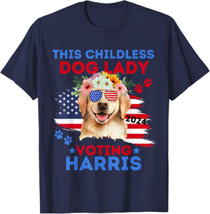 Childless Dog Lady Vote Kamala Harris 2024 Golden Retriever T-Shirt - T-Shirt | Navy