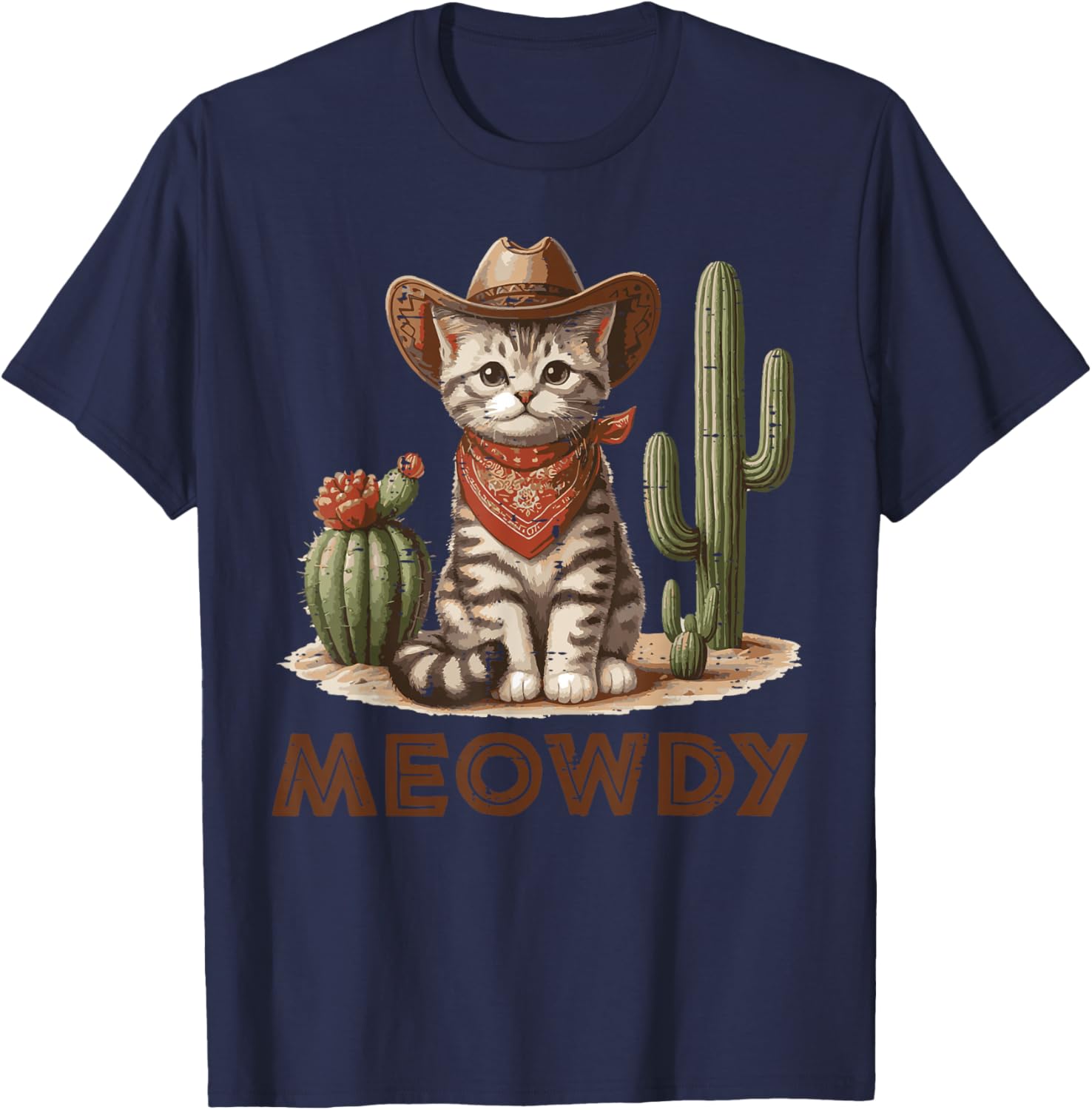 Cat Cowboy Hat Cactus Meowdy Cute Kitten Kitty Women Men Kid T-Shirt - T-Shirt | Navy