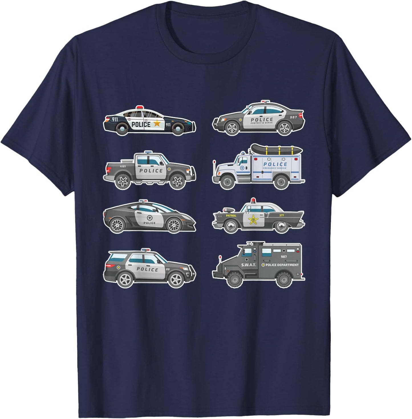 Police Cars Police Vehicles Kids Boys Toddler Cop Car Girls T-Shirt - T-Shirt | Navy