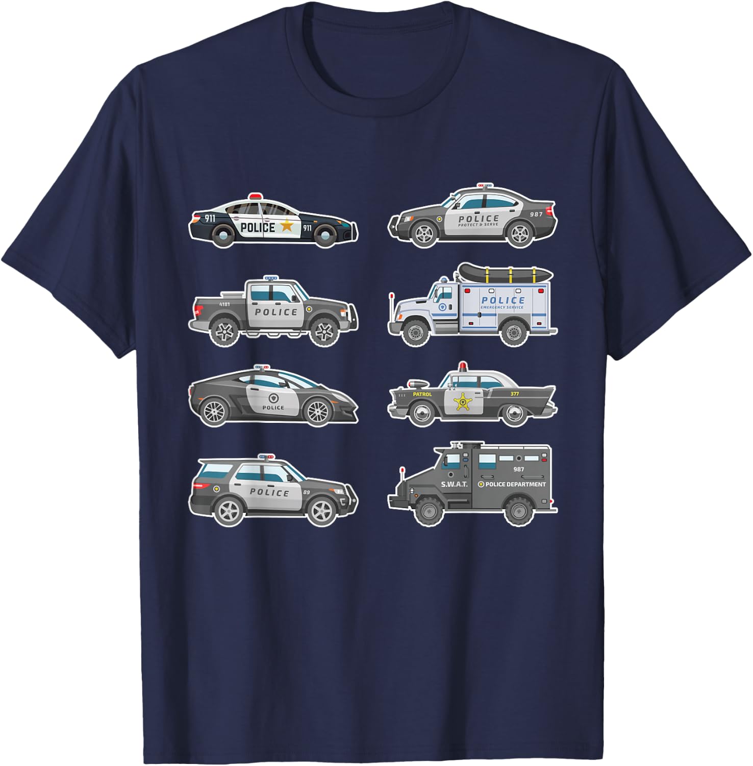 Police Cars Police Vehicles Kids Boys Toddler Cop Car Girls T-Shirt - T-Shirt | Navy