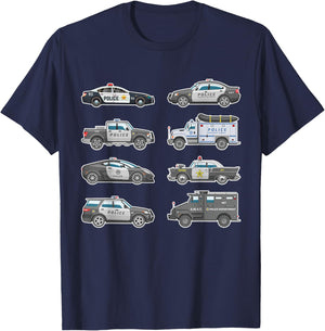 Police Cars Police Vehicles Kids Boys Toddler Cop Car Girls T-Shirt - T-Shirt | Navy