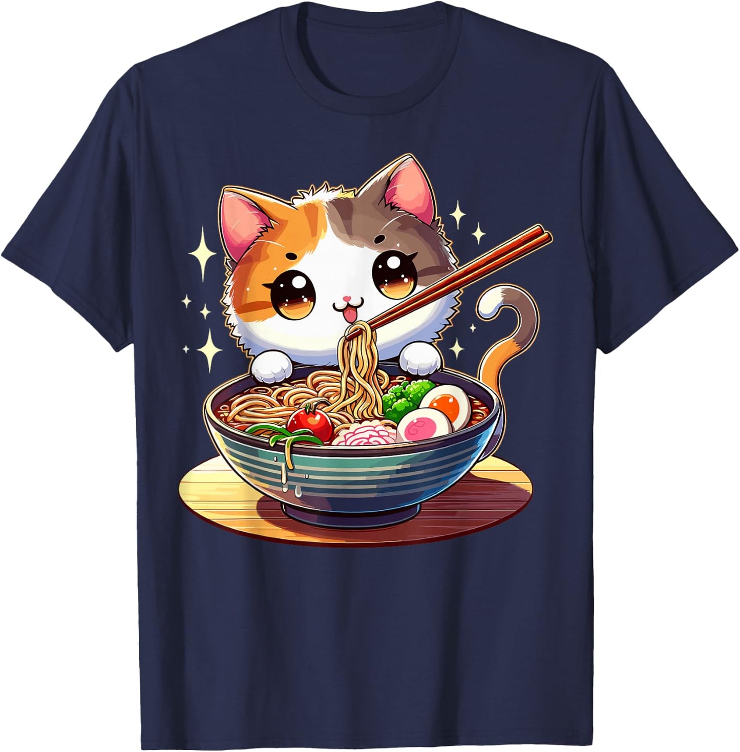 Cat Ramen Noodles Anime Kawaii Japanese Cat T-Shirt - T-Shirt | Navy