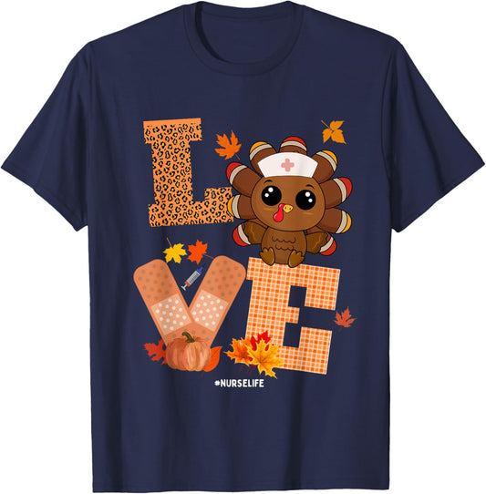 Thanksgiving Nurse Love Turkey Funny Scrub Top Nurse Life T-Shirt - T-Shirt | Navy