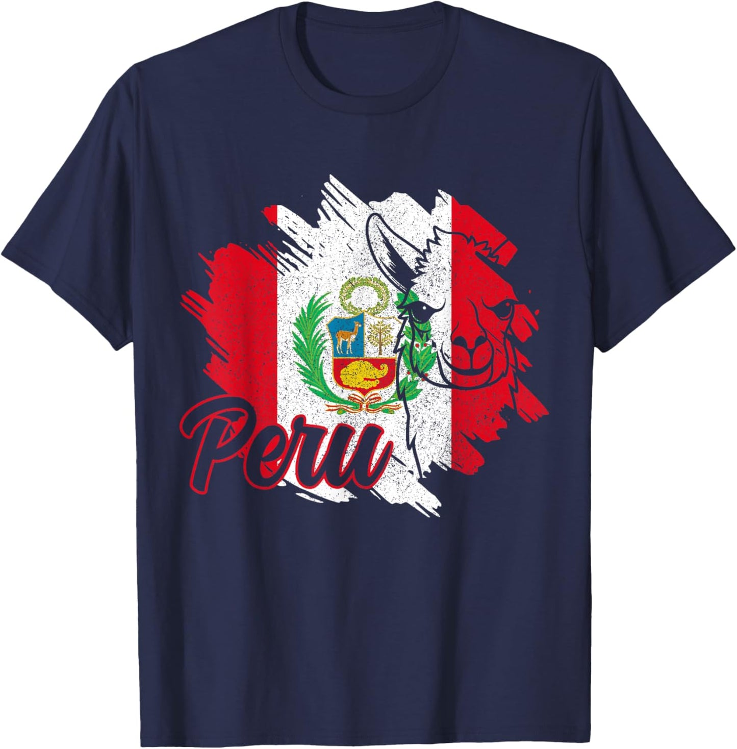 Peru Llama Alpaca Peruvian Flag Pride Vintage Souvenir T-Shirt - T-Shirt | Navy