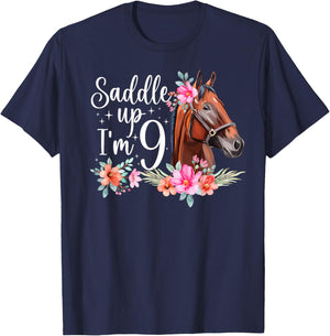 9th Horse Birthday Nine Year Old Girl Horses Birthday T-Shirt - T-Shirt | Navy