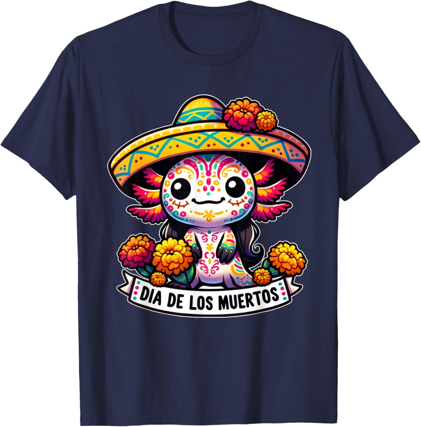 Colorful Axolotl Dia De Los Muertos Mexico T-Shirt - T-Shirt | Navy