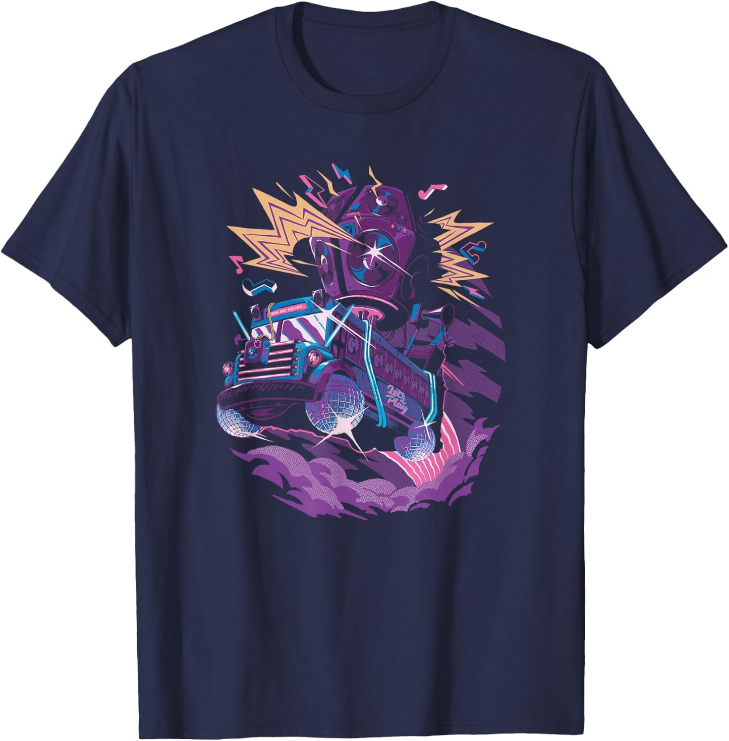 Fortnite Battle Bus Flying Retro Lightning Art T-Shirt - T-Shirt | Navy