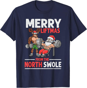 Merry Liftmas from North Swole Muscle Santa Weightlifting T-Shirt - T-Shirt | Navy