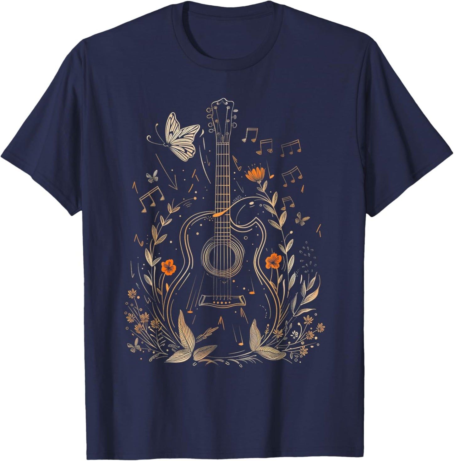 Guitar Player Acoustic Guitar Flowers Floral Art Guitarist T-Shirt - T-Shirt | Navy