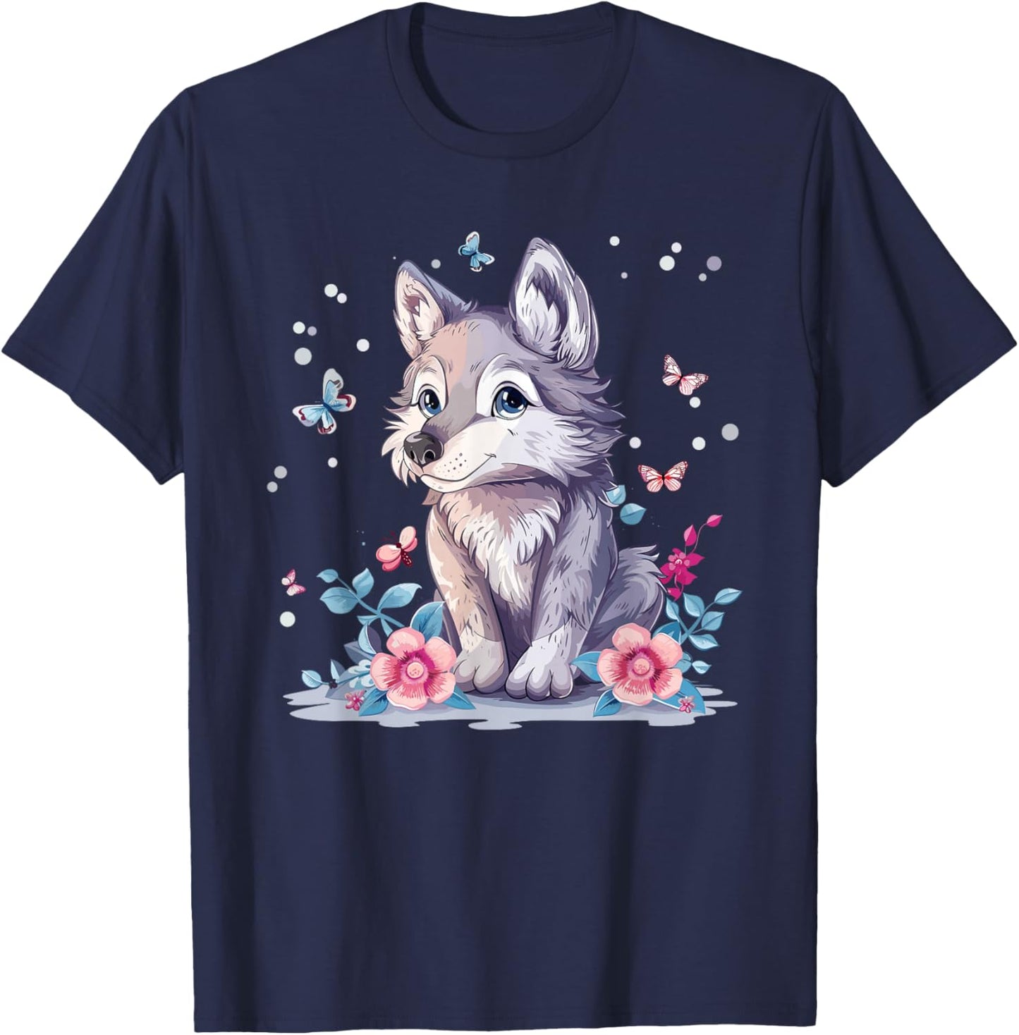 Cute Wolf With Flowers I Kids Wolf T-Shirt - T-Shirt | Navy
